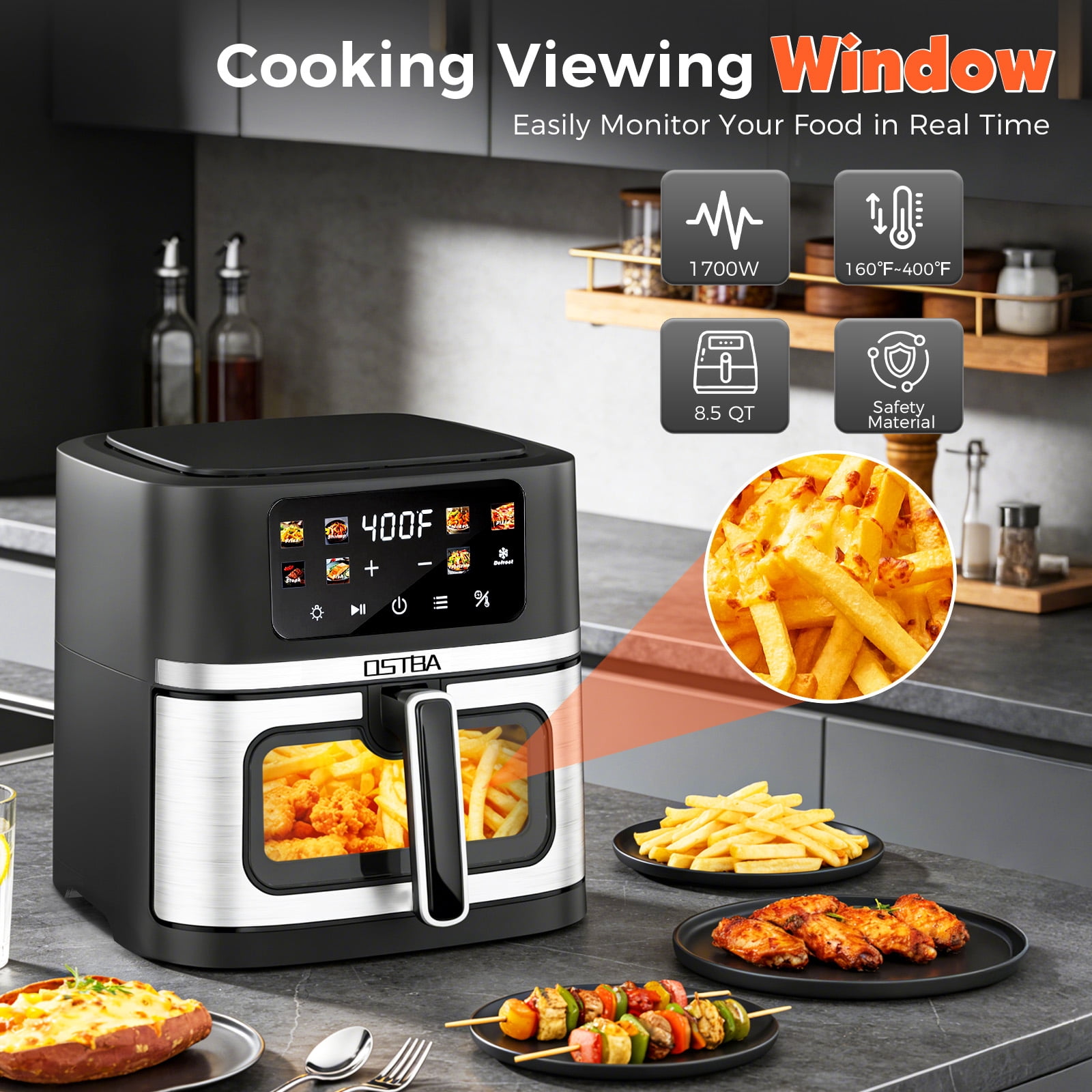 OSTBA 8.5QT Air Fryer with Viewing Window & Light, 1700W Digital Hot Air Fryer, 8 Presets, Defrost Function, Nonstick Dishwasher Safe Basket, Family Size Air Fryer, Black