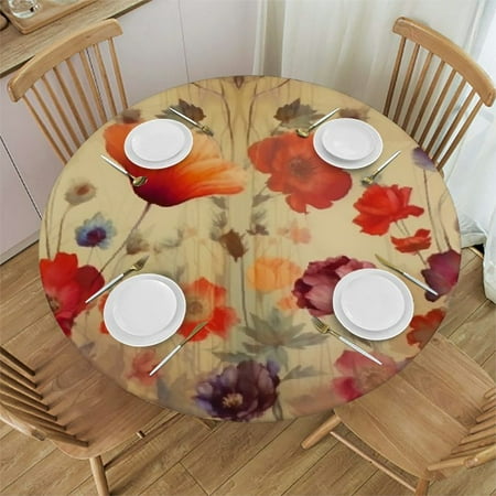 

Autua Flowers Round Table Cover Stain Resistant Washable Indoor Outdoor Tablecloth Kitchen Dining Wedding Parties Elastic Edge 100% Polyester Fiber 42 -46