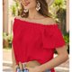 thumbnail image 4 of Blusa de manga corta con volantes y dobladillo con volantes para mujer Camisa con hombros descubiertos de color puro de verano Rojo L, 4 of 8