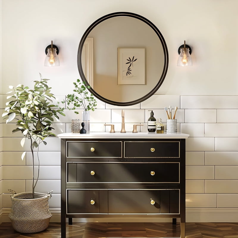 LNC Crackled Glass Wall Sconce, Black & Gold 1-Light Fixture for Powder & Vanity Rooms