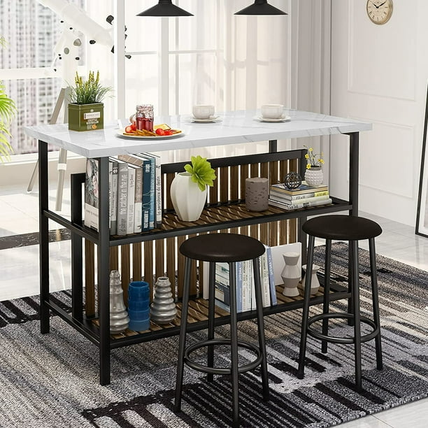 Kitchen Island Set, 3 Piece Bar Dining Table Set with 2 Stools & Open