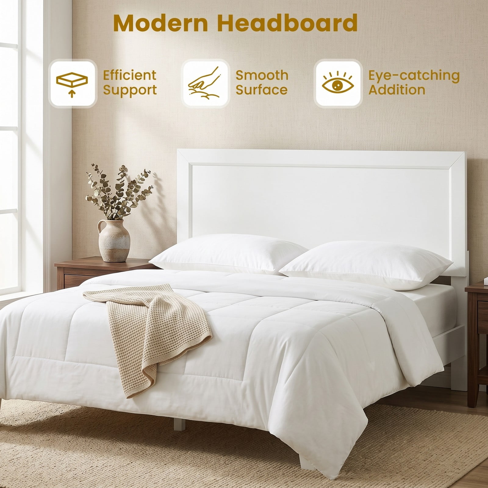 Furnibear Queen Bed Frame with Headboard, Modern Wood Platform Bed with Panel Headboard, Wooden Slats and Tapered Legs, White