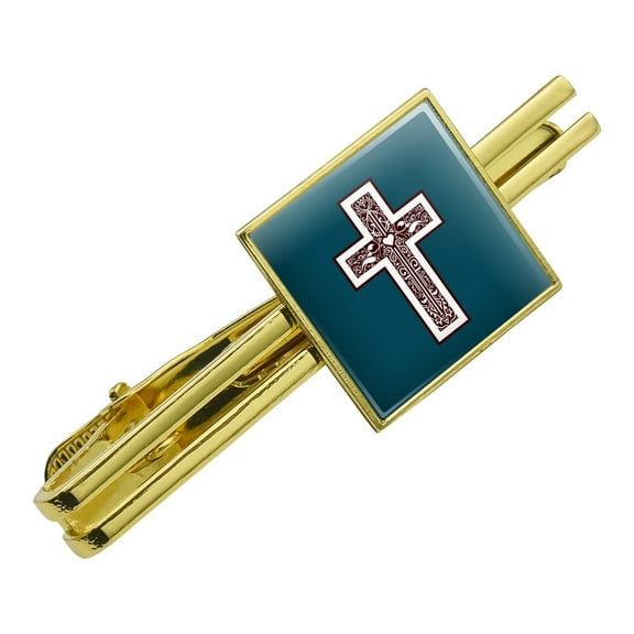 Cross with Heart Christianity Square Tie Bar Clip Clasp Tack- Silver or Gold