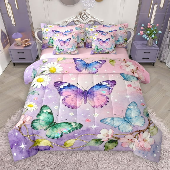 Castle Fairy Flying Gradient Butterflies 7-Piece Twin Bedding Sets,Abstract Ombre Watercolor Bedding Comforter Set,Dreamy Princess Breathable Sheet Sets,Luxury Bedroom Decor