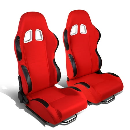 Front Replacement Seat Slider - Set of 2 Type-R Woven Fabric Reclinable Racing Seats w/ Universal Sliders (Red Body/Black Trim)