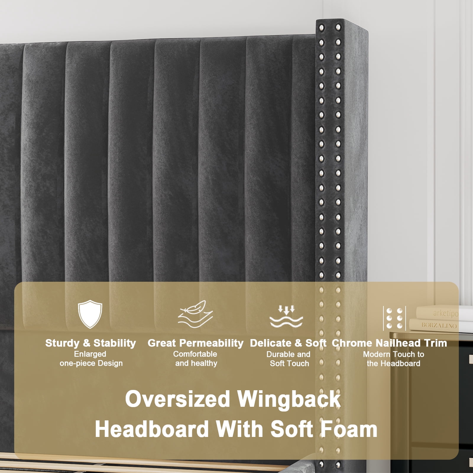 Merluxy Queen Velvet Channel Tufted Wingback Bed with Wood Slats and Metal Support, Dark Grey