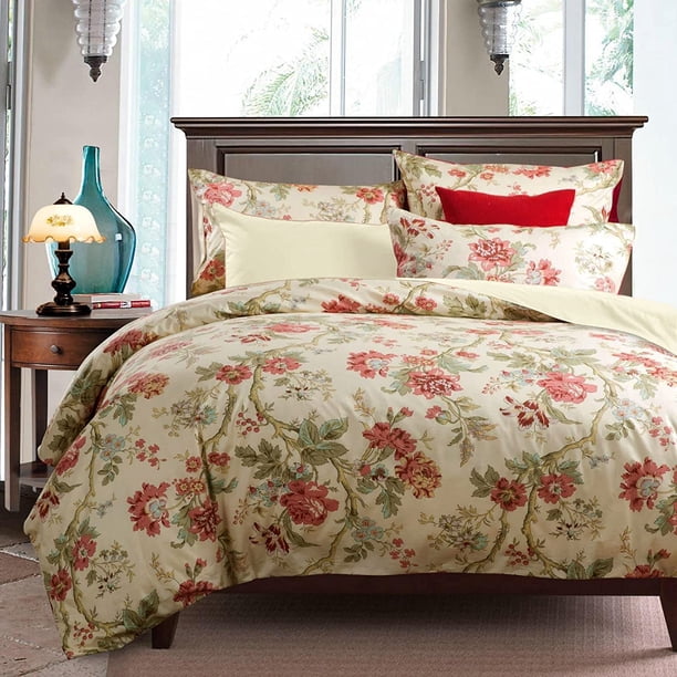 Estilo 3 Piezas Rojo Flor Hoja Patrón Funda Nórdica Juego Reina Reversible Beige
