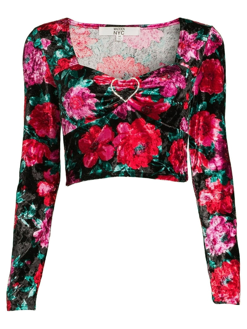 Madden NYC Velour Top Rhinestone Heart Detail Cropped Length