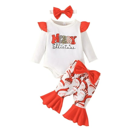 

QBGSAY Kids Outfits Sets Infant Girls Long Sleeve Christmas Romper Bodysuit Cartoon Santa Prints Bell Bottoms Pants Casual Outfits For Kids