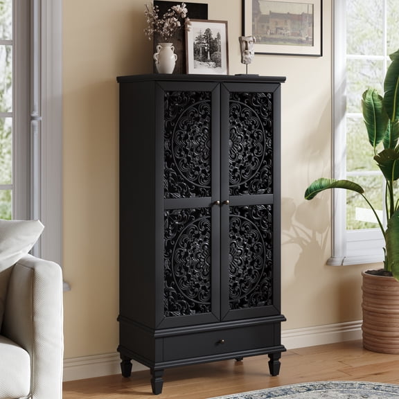 HIUU 27.5 Inch Wide Black Black Storage Cabinet with Doors,Antique Wooden Cabinet with 2 Doors and Drawer,Modern Accent Cabinet with Solid Wood Legs for Living Room, Hallway, Dining Room