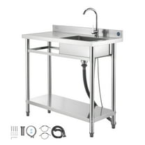 KFFKFF Stainless Steel Utility Sink, Free-Standing Single Bowl Commercial Kitchen Sink with Faucet, 39.4 x 19.7 x 37 in, Left-Side Basin with Hot and Cold Water Pipes for Garage, Restaurant