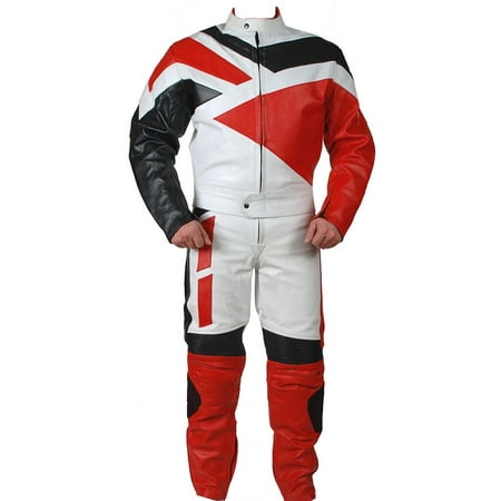 Perrini 2 PC Genuine Leather Motorbike Motorcycle Drag Racing Suit Red with Metal Waist