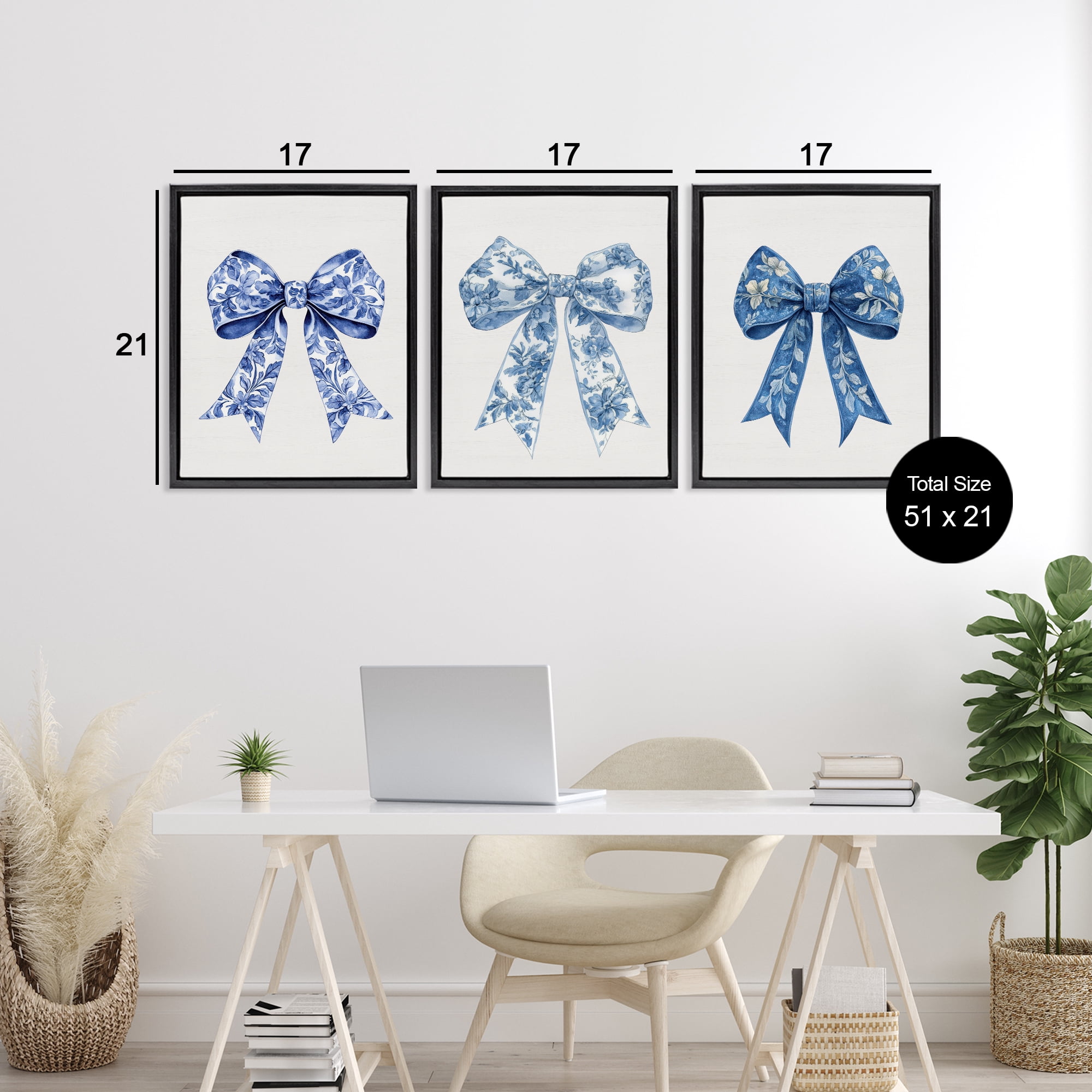 Vintage Toile Pattern Bows 3 Piece Black Framed Floater Canvas Set, design by Lettered and Lined