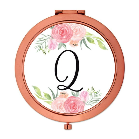 Koyal Wholesale Compact Mirror Bridesmaid's Wedding Gift, Rose Gold, Monogram Letter Q, Peach and Pink Roses, 1-Pack