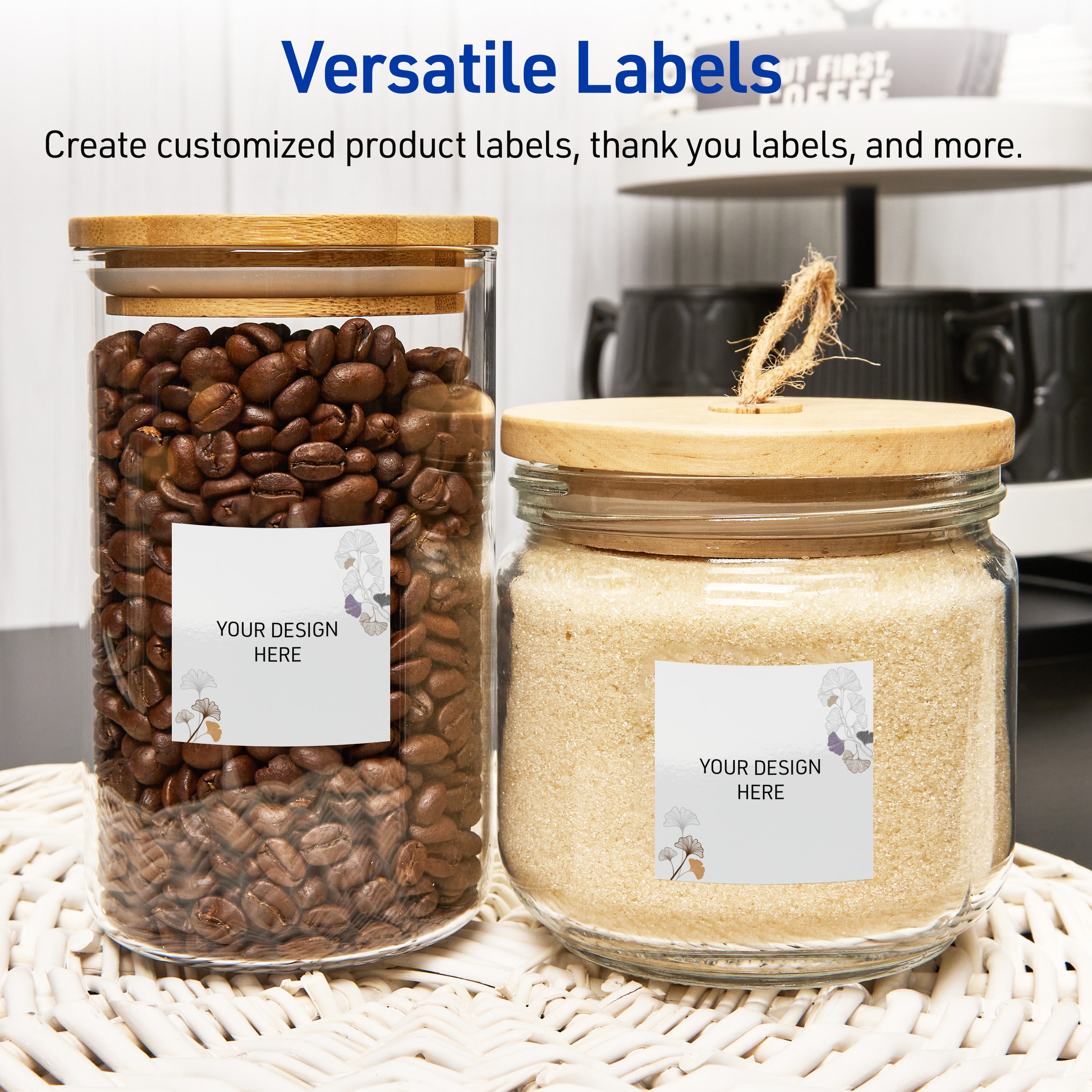 Avery Square Labels, Floral Design, 2" x 2", 120ct, Glossy, Silver Metallic with Gingko Leaves