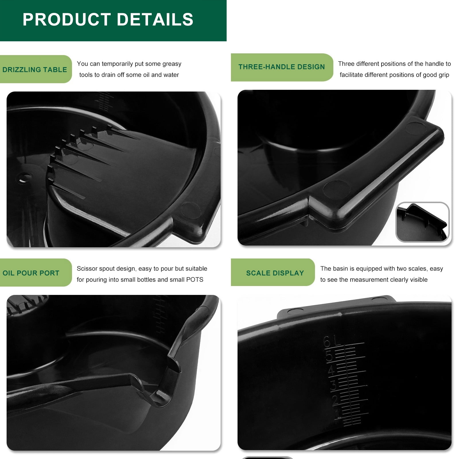 6L Round Oil Drain Pan Oil Collection Tray Oil Collection Container with Handle and Scale Oil Drip Catcher Pan Reusable