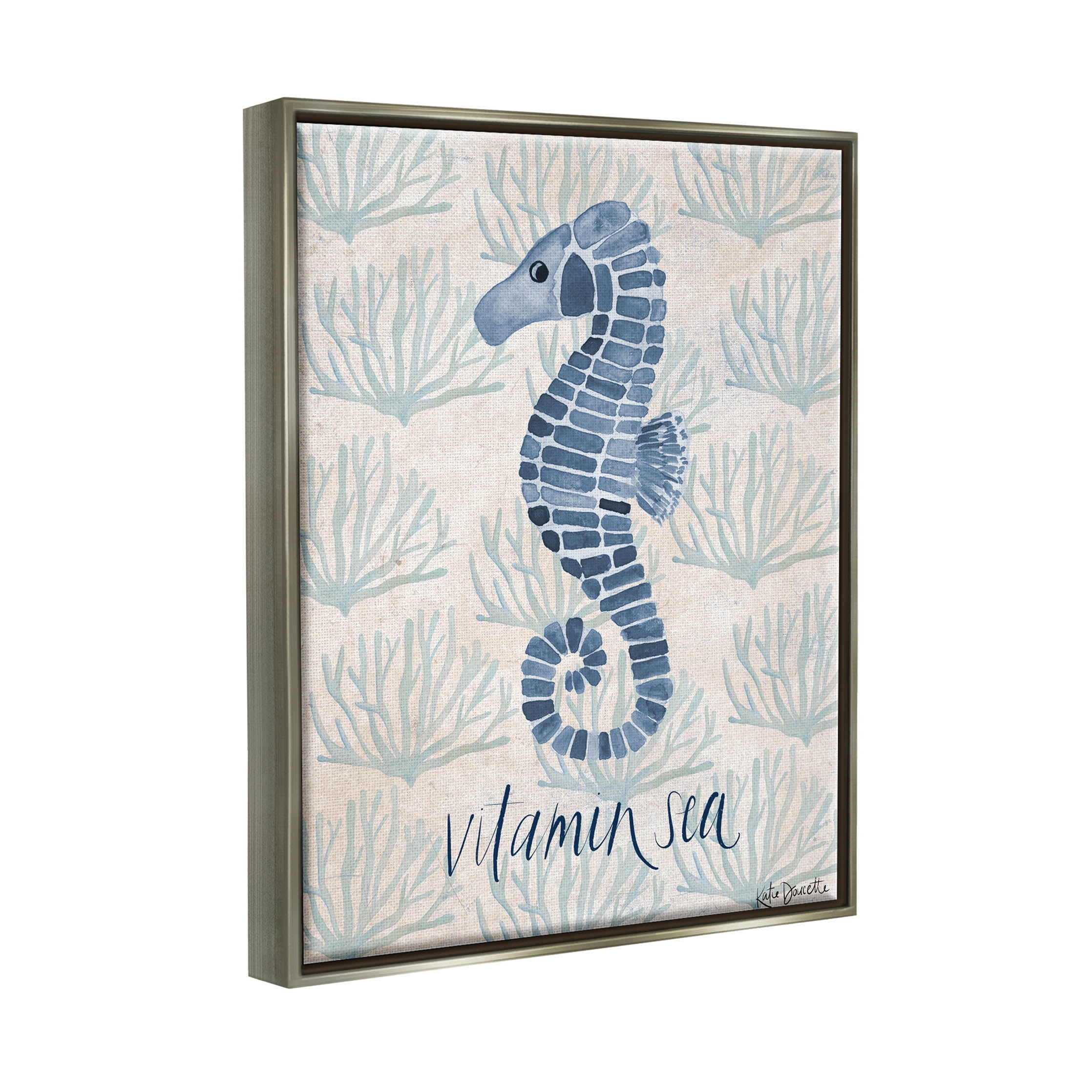 Stupell Industries Vitamin Sea Aquatic Pun Seahorse Graphic Art Luster Gray Floating Framed Canvas Print Wall Art, Design by Katie Doucette