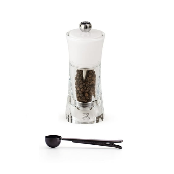 Peugeot Molene Pepper Mill Gift Set, 5.5-Inch, White - With Stainless Steel Spice Scoop/Bag Clip