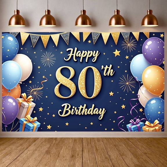 Gold Glitter Happy 80th Birthday Banner Colorful Balloons 80th Birthday Display Fireworks Gift Boxes Birthday Backdrop for 80th Birthday Party Indoor Party Photo Shoot