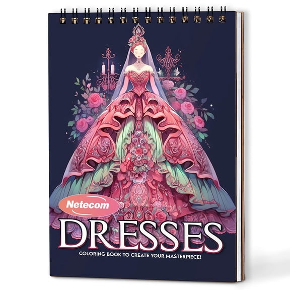 Netecom Dresses Coloring Book Spiral Bound For Adults, A5 Wooden Cover, 30 Elegant Coloring Pages of Vintage Gowns for Stress Relief and Relaxation