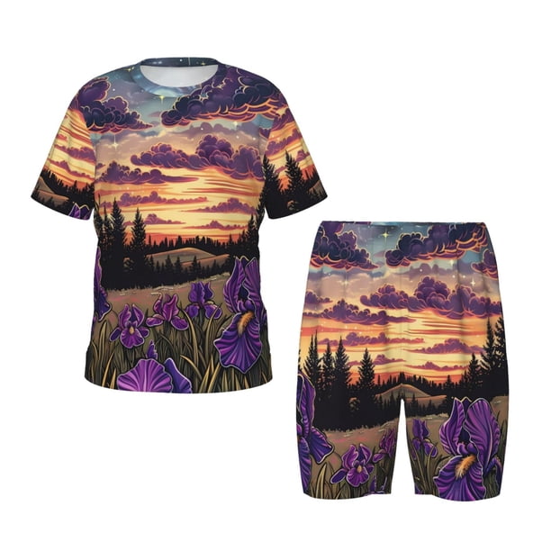 Balery Starry Night Purple Irises Conjunto de Pijama Infantil de Manga Corta con Estampado – Ropa de Dormir de Algodón Suave-4X-Large