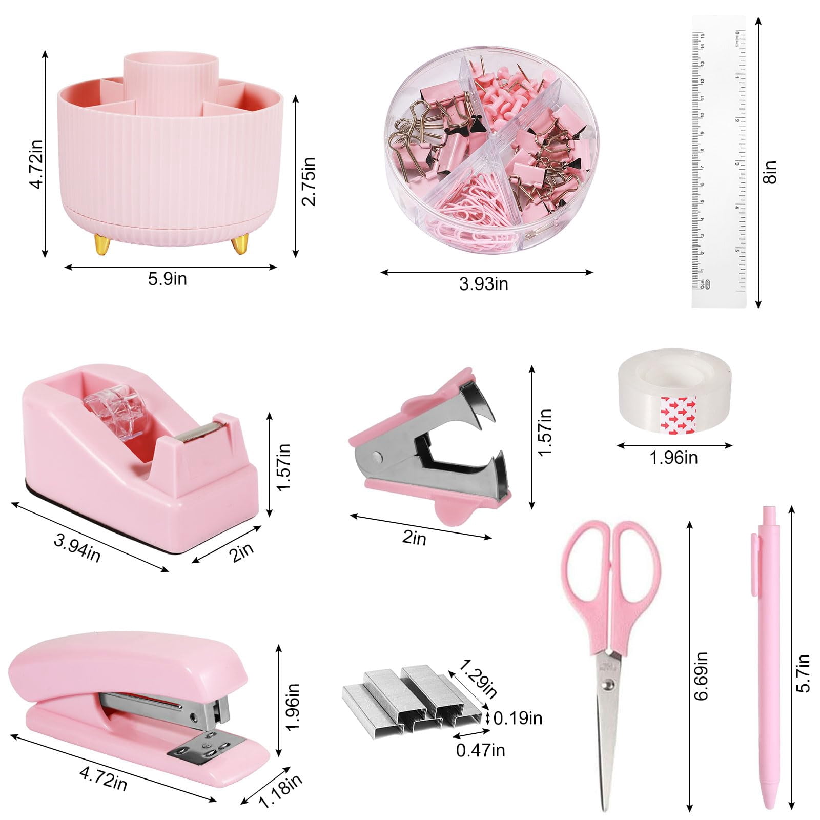 Pink Desk Organizers And Accessories Set With 360-degree Rotating Pen Holder  Tape Dispenser Stapler Staple Remover 1000 Staples Clips Ruler Scissor
