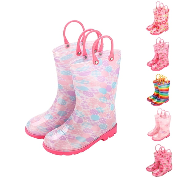 YHAJDS Kids Strawberry Print Rain Boots Handle Clear Sole Waterproof Non Slip Short Shoes for Girls