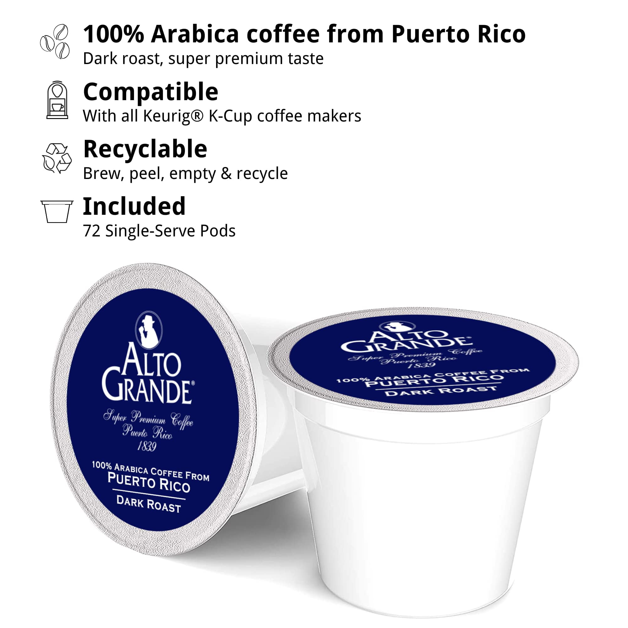 Alto Grande Ground Dark Roast Arabica Coffee Single-Serve Pods, 72 Count,  Compatible with Keurig K Cup Brewers