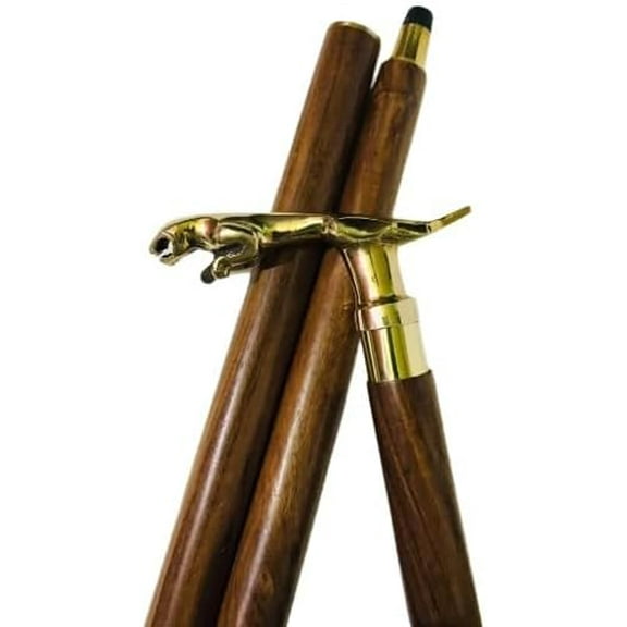NAUTICALMARTUS BY Brass Jaguar Head Handle Brown Walking Stick Folding Wooden Shaft Walking Cane Stick Gift