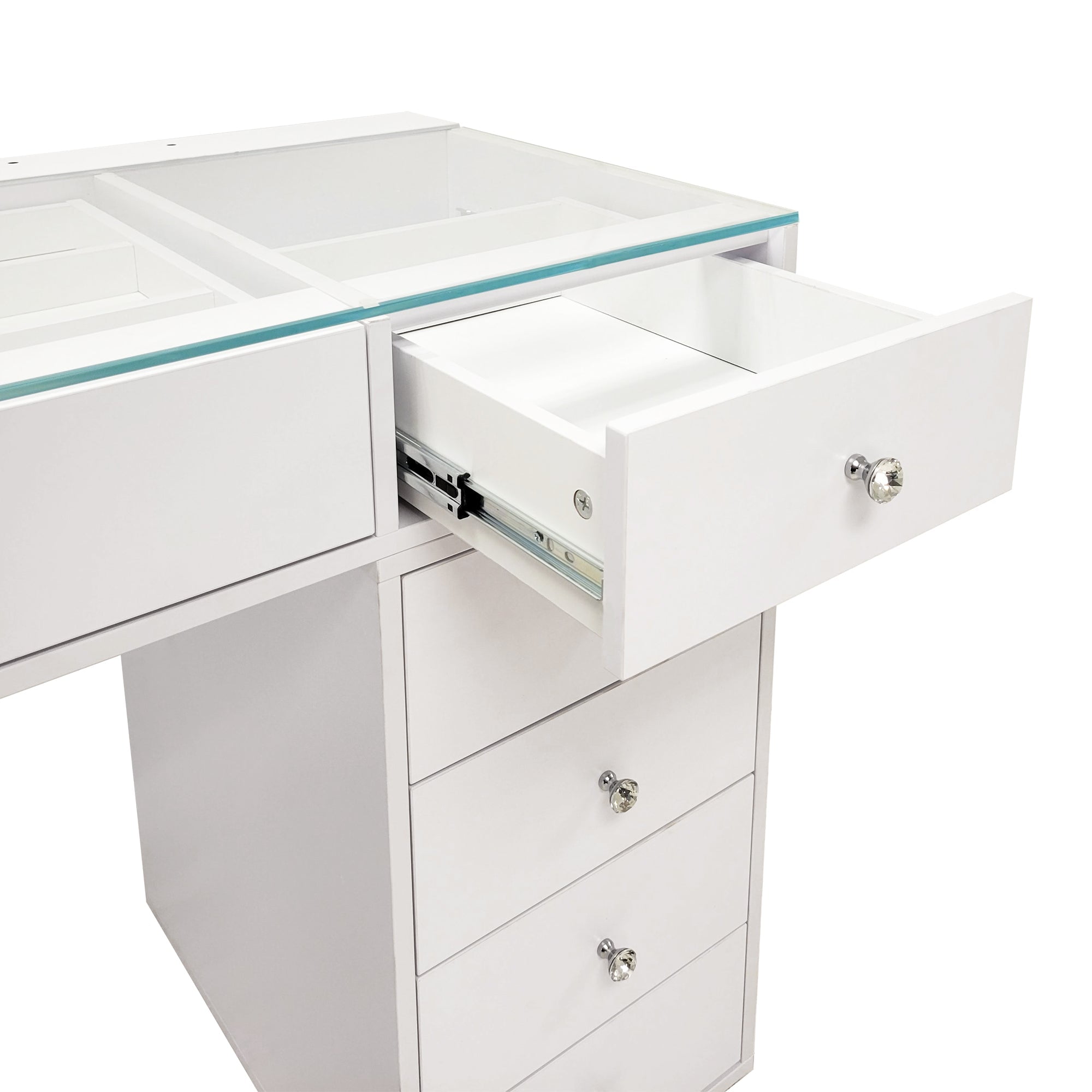 Impressions Vanity Naomi Desk with Mirrored Glass Top, Makeup Set & 10 Storage Drawers, White