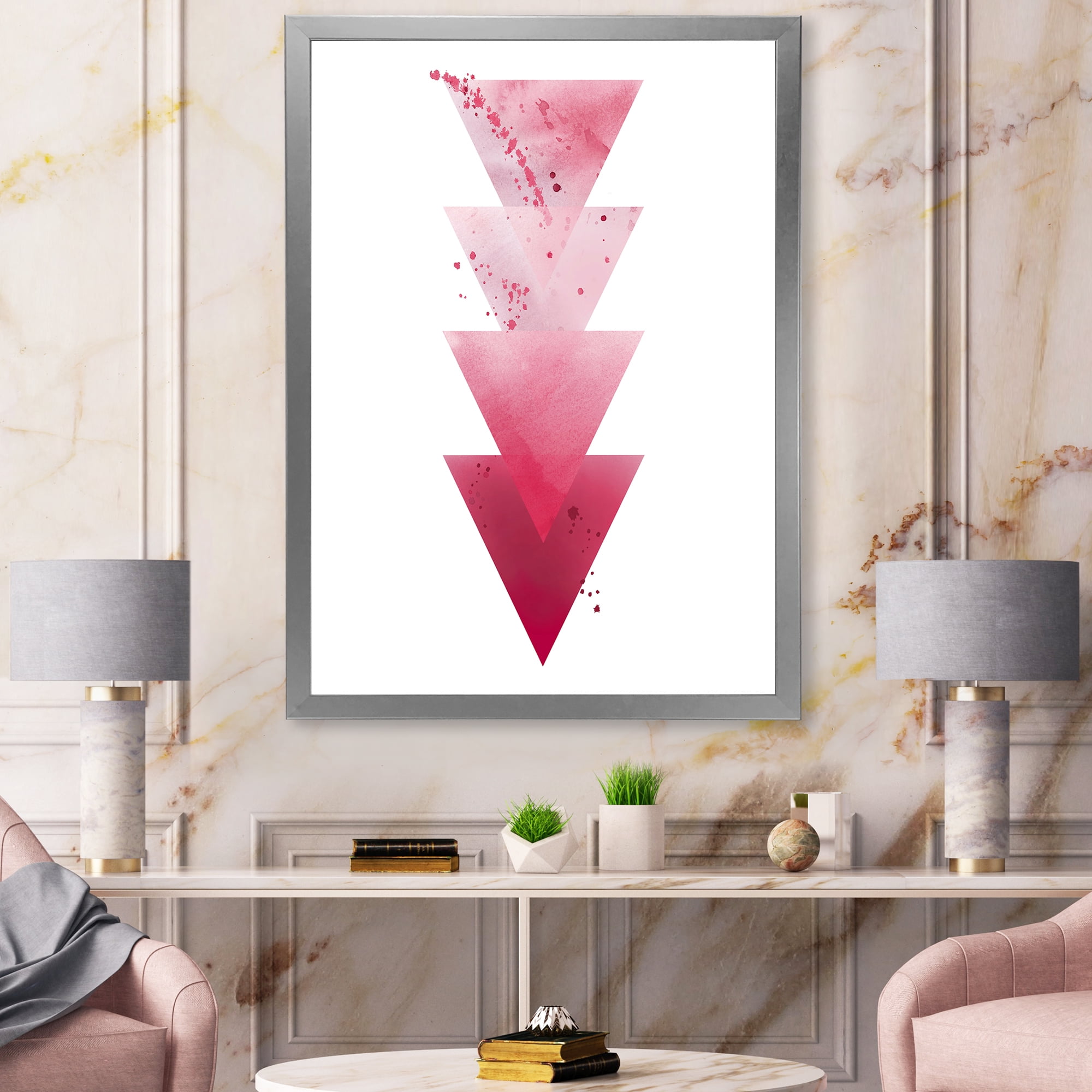 Designart 'Abstract Geometric Art Red Triangles Composition' Modern Framed Art Print
