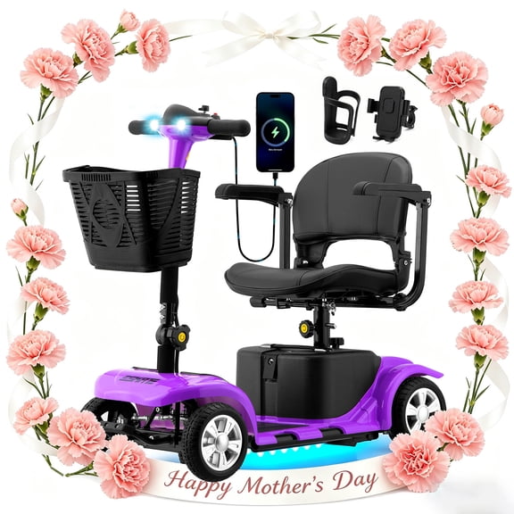 Mobility Scooter,4 Wheel Mobility Scooter for Senior,Foldable,with Front Lights and Removable Vegetable Basket,Electric Power Wheelchair Chargeable Device for Trip 15 MileS Purple