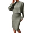 thumbnail image 5 of Quixlent 2 Pcs/Set Women Top Dress Suit Mock Collar Thread Long Sleeve Sweater V Neck Sheath Slim Fit Sleeveless Solid Color Midi Dress Commuting Dating Outfit, 5 of 8