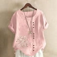 thumbnail image 2 of Cmfcve Women's Cotton Linen Tee Shirt Short Sleeve Round Neck Gauze Tops Plus Size Henley Button Blouse, 2 of 5