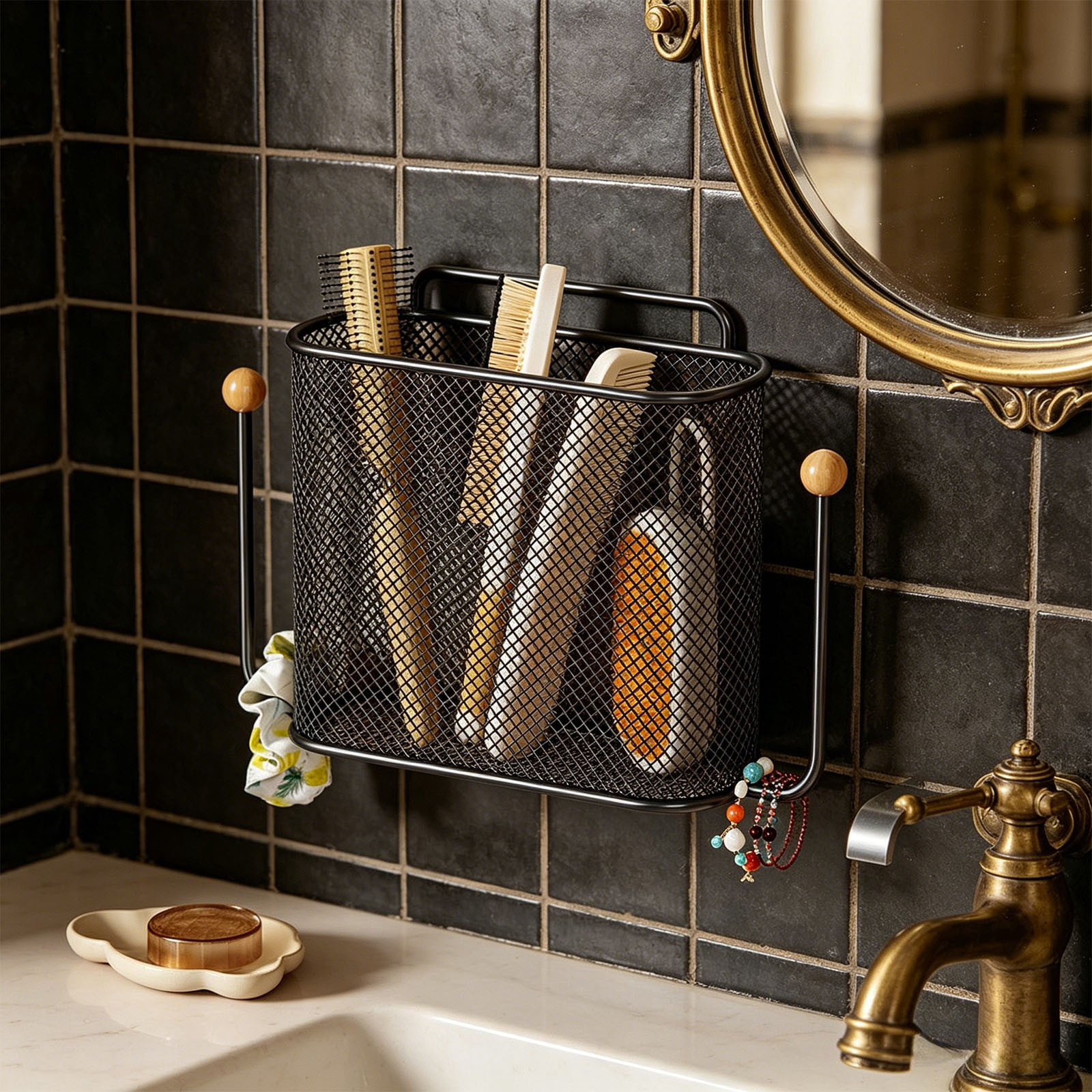 Bathroom Wall Mounted Storage Basket Metal Organizer No Drill Storage Shelf, Rust Resistant Breathable Strong Easy Install Space Saving, For Bathroom Kitchen Bedroom Dorm Wall Storage