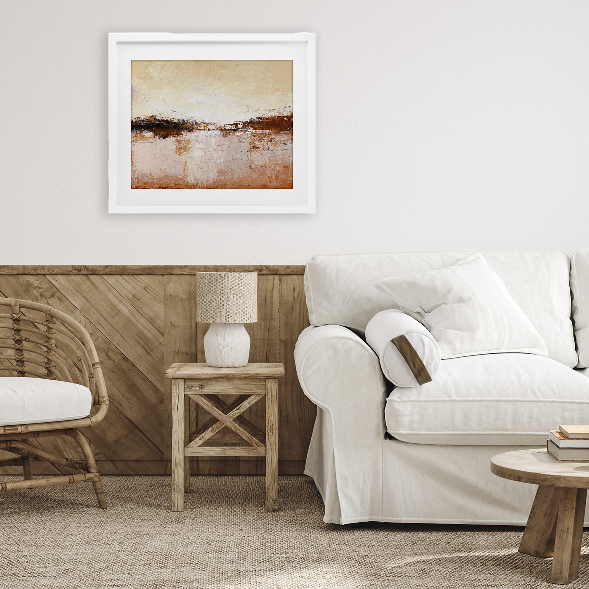 Warm Distressed Horizon White Framed Print Under Glass, design by Design Fabrikken