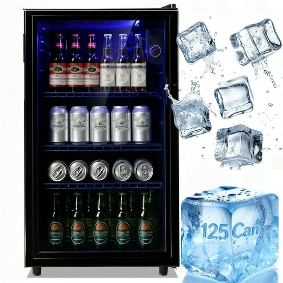 JIEJIA 125 Can Beverage Refrigerator and 3.6 Cu.ft Cooler with Glass Door for Home, Office