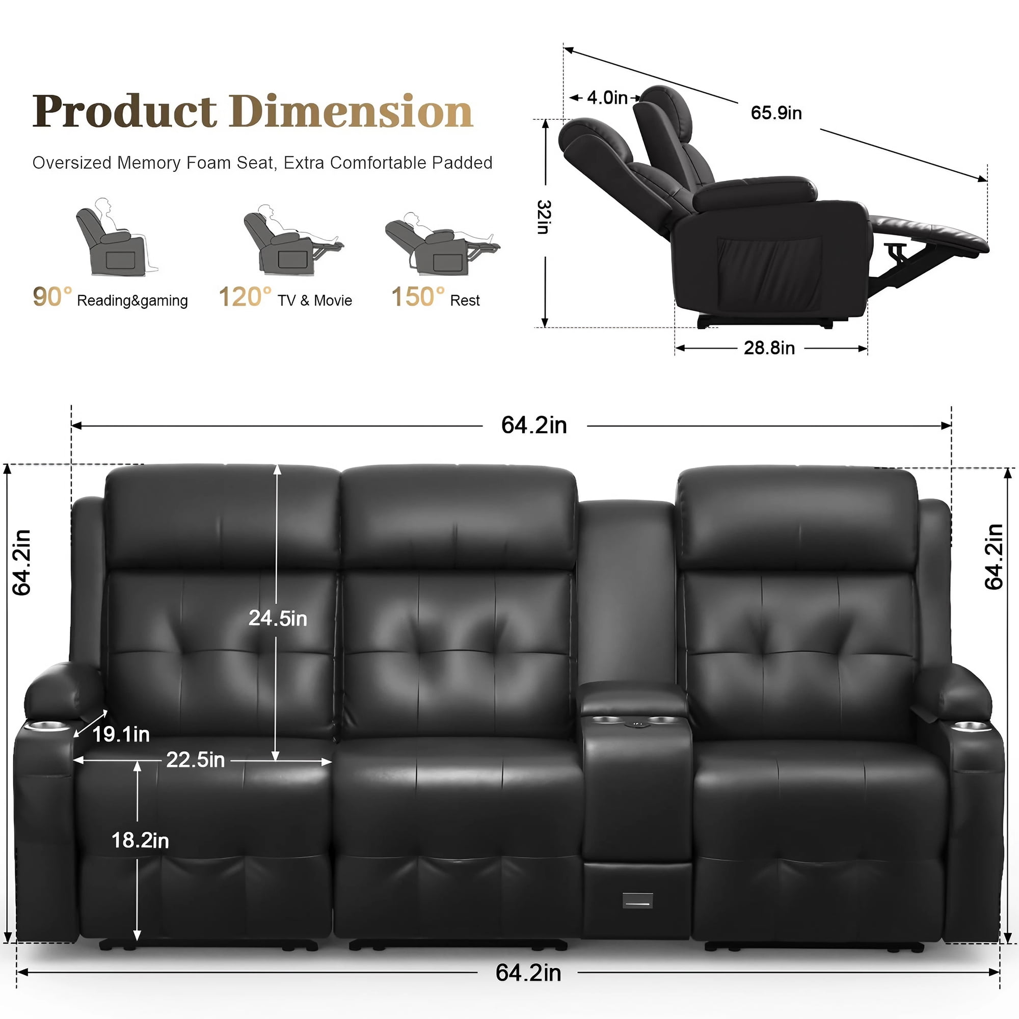 LOBERFVE Recliner Sofa, Massage Reclining 3 Seater Sofa Sets, RV Loveseat Recliner with Console, USB, Type C Port, Storage, Cup Holders, Wall Hugger Chair for Living Room, Black