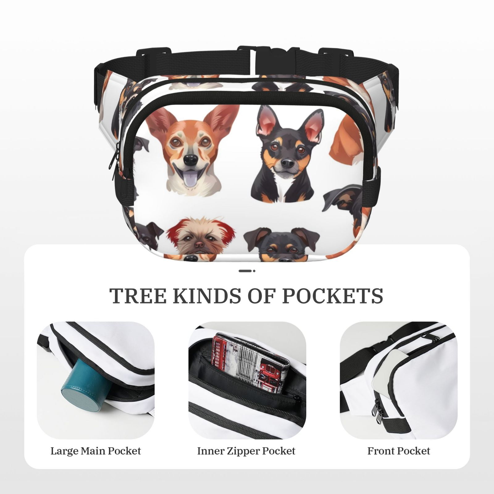 Picia Happy Dog Faces Collage Print Square Double-Layer Waist Bag Mini Adjustable Waist Belt Bag Exercise Running Travel Hiking