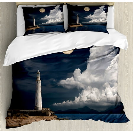 Moon Queen Size Duvet Cover Set, Old Lighthouse by the Sea with White Clouds and Calm Ocean Landscape Photo, Decorative 3 Piece Bedding Set with 2 Pillow Shams, Dark Blue Ivory White, by (Best Cloud Solution For Photos)