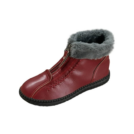 Sexlip Women s Winter Plush Boots Faux Fur Lined Warm Ankle Booties Zipper Shoes Plush Comfortable Slip on Flats Wine 35
