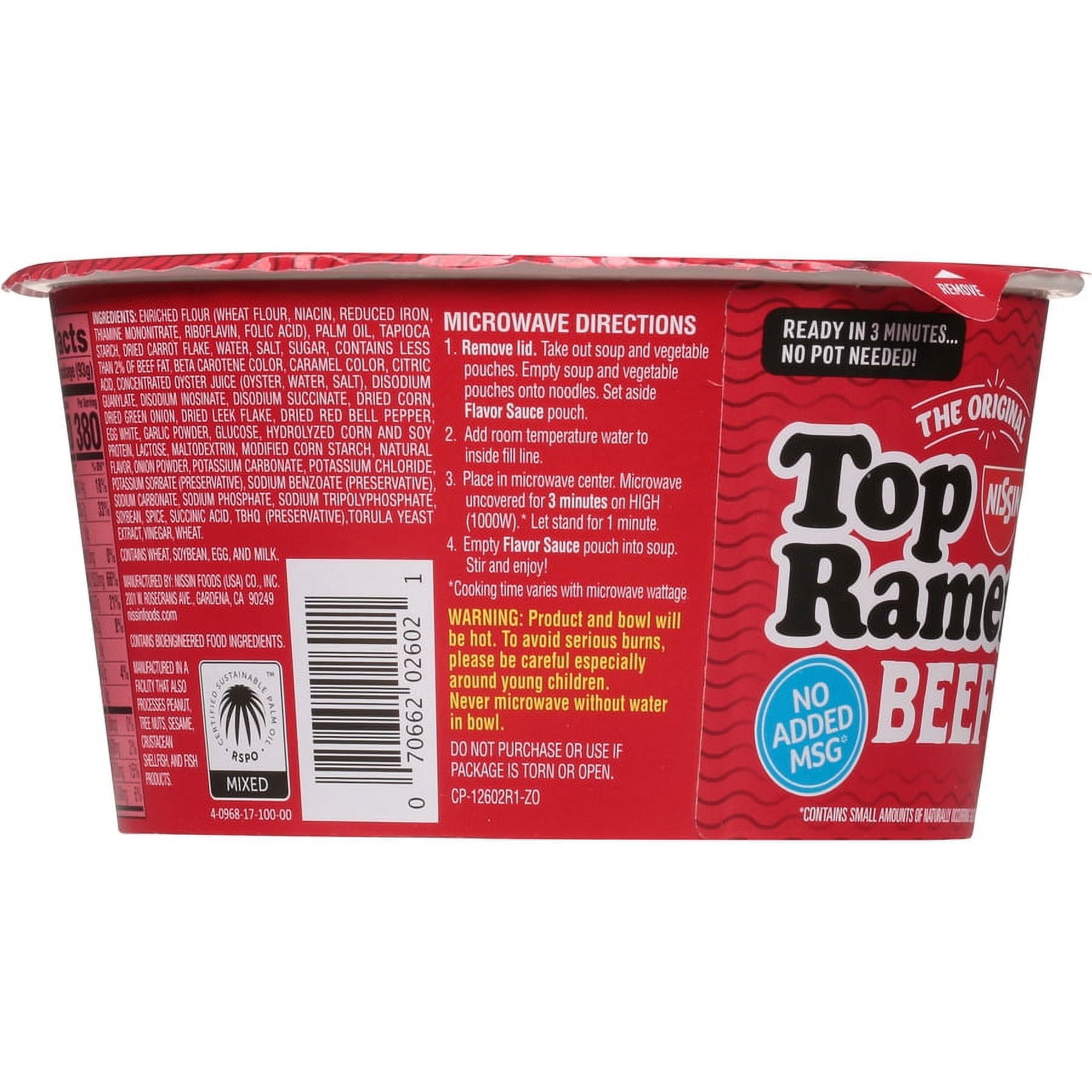 Nissin Top Ramen Beef Flavor Ramen Noodles 3.28 oz. Bowl (Pack of 10)