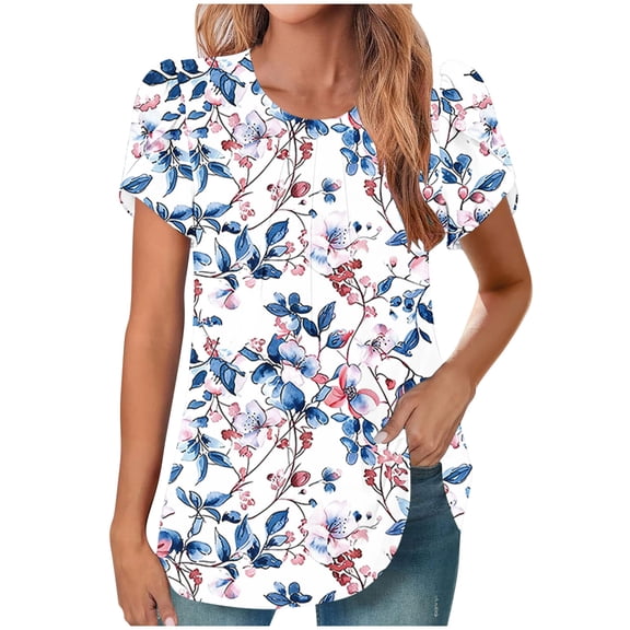 HAPIMO Women' Plus Size Fashion Clothes Flower Print Tops Summer Tops for Women Flowy Casual Loose Elegant Pleated Blouses Round Neck Tees Dressy Tunic Multicolor L