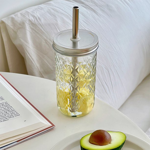 Taza de agua de vidrio para té con leche Ins Boba con tapa de pajita, de gran capacidad, de vidrio transparente resistente al calor, para café, jugo de burbujas, bebidas frías