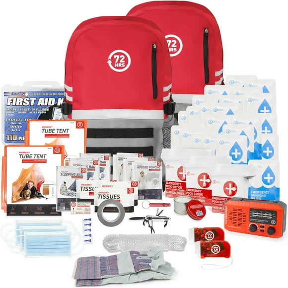 72 HRS Deluxe Emergency Survival Kit - Heavy Duty 72 Hour Bug Out Bag Survival Kit for Earthquake, Hurricane, Tsunami, Winter, Blackout - Includes Emergency First Aid Kit, Water, Food (Red 3 Person)