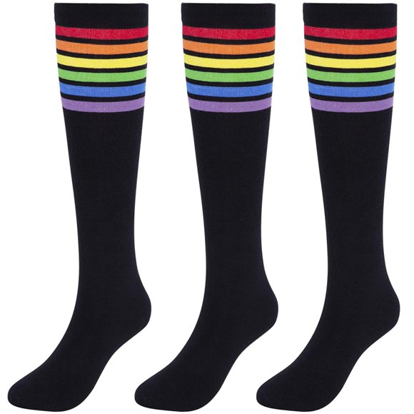 KONY Women's 3 Pairs Cotton Colorful Striped Rainbow Knee High Socks Comfortable Stay Up Best Gift Size 6-10 (Black)