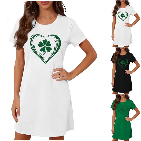 Sakmal Moomoo Nightgownss for Women St Patrick's Day Lightweight Short Sleeve Loungewear Shamrock Print Short Irish St Paddys Day Ladies Nightgown L