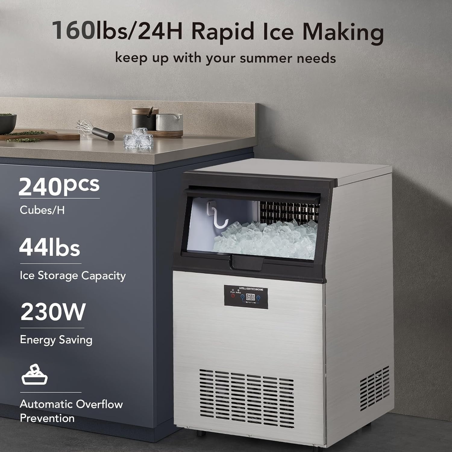 ChaoLink Commercial Ice Maker Machine 160lbs/24H,Stainless Steel Under Counter ice Machine with 44lbs Ice Storage Capacity,Freestanding Ice Maker(5 * 12 Ice Cube)