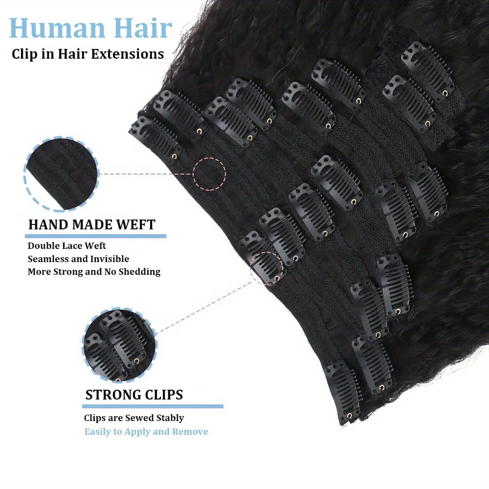 Kinky Straight Clips In Human Hair Extensions Natural Color 8Pcs/Set Full Head For Women
