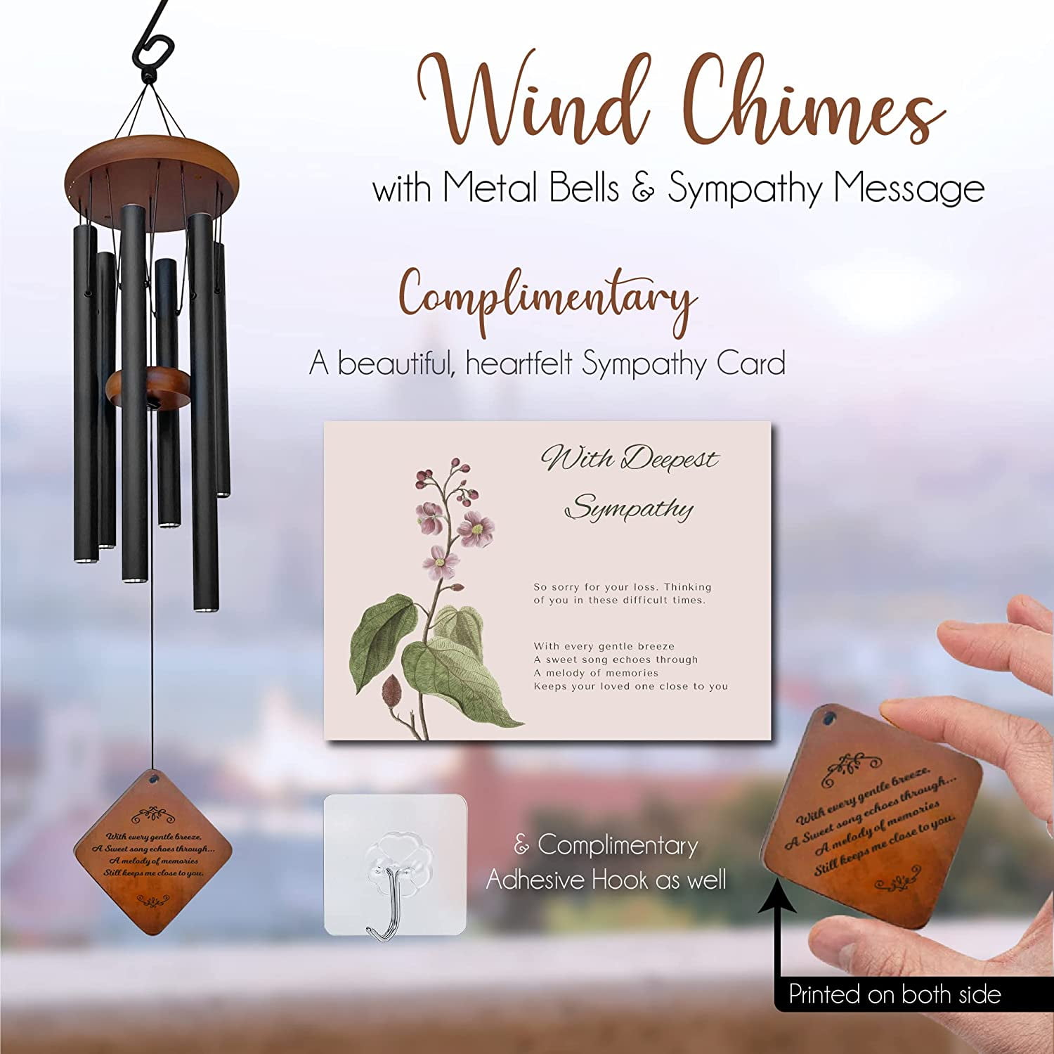 Memorial Wind Chimes, Wind Chimes for Loss of Loved One, Sympathy Wind Chimes, Bereavement Gift, Funeral Gift, Rememberance Gift for Loss, Memorial Wind Chime for Loss with Sympathy Card and Hook